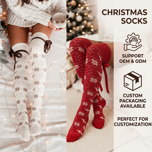 Logo personnalisé OEM OEKO Tex100, chaussettes hautes à nœud <span class=keywords><strong>de</strong></span> <span class=keywords><strong>Noël</strong></span>, chaussettes longues en tricot pour l'hiver, flocons <span class=keywords><strong>de</strong></span> neige, chaussettes pour femmes au-dessus du genou - Product Image 1