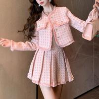 Automne décontracté deux pièces ensemble pour femmes personnalisé pur Polyester col rond bouton Blazer Mini jupe plissée solide rose Tweed costumes