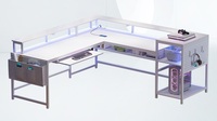 Bureau de jeu PC moderne en bois avec éclairage LED, grand bureau en bois en forme de L avec étagères de rangement pour salle de jeux