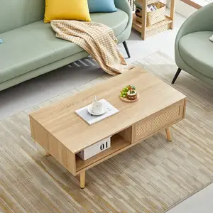 Tavolino in vimini, tavolino da caffè moderno della metà del secolo con deposito, divano tavolo con pannello scorrevole in tessuto e gambe in legno massello