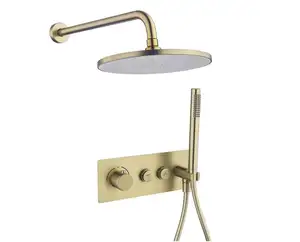 Luxury Brushed Gold Wall Mount Rainfall Concealed Thermostatic Shower Faucet Set With Bathroom Round Rain Shower Head