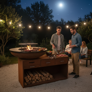Matériel de jardinage : <span class=keywords><strong>Brasero</strong></span> de jardin en acier Corten pour <span class=keywords><strong>cuisson</strong></span>, idéal pour le transport sécurisé de bois de chauffage et les fêtes, avec fonction Plancha pour bois. - Product Image 4