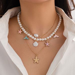 Boho Shell Starfish Forme Pendentif Collier pour Femmes Imitation Perle Layered Chaîne Collier D'été Plage Cou Bijoux - Product Image 6