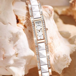 Montre à bracelet en acier rectangulaire incrustée de cristaux, 18 mm, petit cadran délicat, boîtier en céramique or rose, étanche, montre à quartz pour femme - Product Image 5