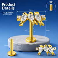 Labret à dos plat en titane ASTM F136 G23 plaqué or avec zircon taille marquise et grappe de 3 pierres, boucle d'oreille pour cartilage, cadeau, vente en gros
