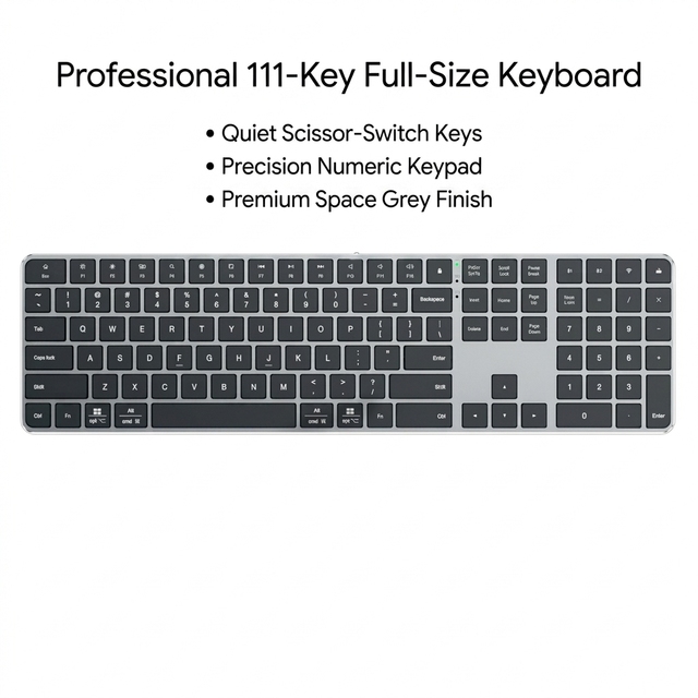 2.4G Wireless USB 3.0 111 Keys Full Size Aluminum Alloy Keyboard 3-Device Sync Hot Swap for Laptop Tablet iPad English Language