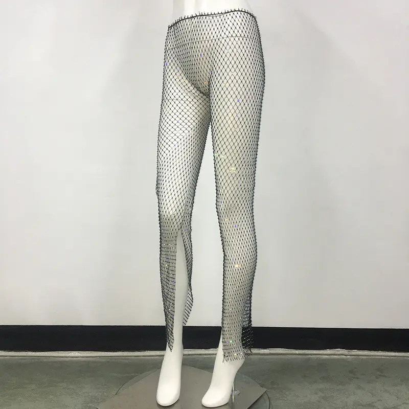 2024 Lady Beach Bikini Cover Ups Nightclub Party Trousers Fashion Sexy Crystal Diamond Fishnet Mesh Hollow Out Pants For Women