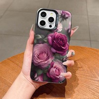 Casing Handphone TPU PC Berlapis Perak dengan Cetakan Bunga Ungu Besar untuk Iphone Xs 11 12 13 14 15 16 17 18 Pro Max