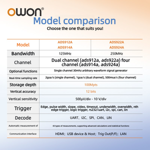 Oscilloscope OWON ADS900A double/quatre canaux, bande passante 125-250 MHz, fréquence d'échantillonnage 2 G, 12 bits HD - Product Image 6