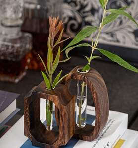 Support de vase en <span class=keywords><strong>bois</strong></span> créatif avec tube en verre ou en acrylique, pot hydroponique pour arrangement floral de bureau, décoration rustique pour la maison - Product Image 6