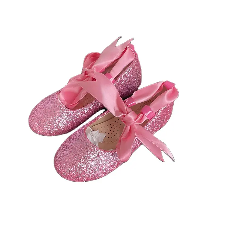 Girls cute shining flat ballerina shoes fancy lace wrap flat pumps shoes for kids