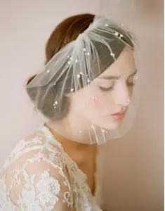 Véu de noiva com pérolas, flor de pássaro, rosto macio, tule, acessórios para cabelo, mini chapéu de noiva, casamento