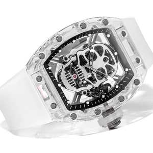 Men's Skull Skeleton Automatic Mechanical <b>Watch</b>, Transparent Crystal Tonneau Shaped <b>Watch</b> - Product Image 2