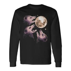 T-shirt a maniche lunghe con tre opossum che urlano verso la luna, design grafico nero - Product Image 1