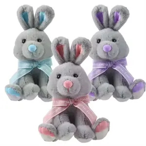 Kawaii mewah kelinci abu-abu dengan busur lembut boneka hewan Peluche lucu kelinci Paskah mainan mewah