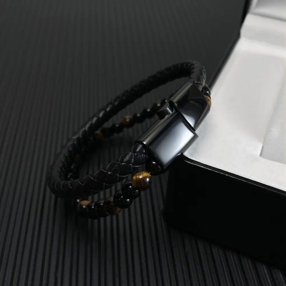 Pulsera De Cuero Bán Buôn Thép Không Gỉ Vòng Đeo Tay Bằng Da Thời Trang Đường Phố Tiger Eye Dệt Vòng Đeo Tay Bằng Da Cho Nam Giới