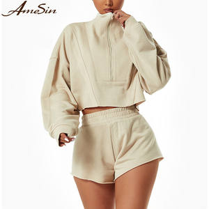 Ensemble 2 pièces sweat à capuche et short de sport pour femme haut court zippé et ceinture élastique séchage rapide pour la saison d'automne grande taille - Product Image 3