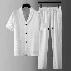 Herren Sommer Kurzarm Anzüge Lässig Herrenmode Karierte Knopf Revers Shirts Elastische Taille Lange Hosen Zweiteiliges Set - Product Image 3
