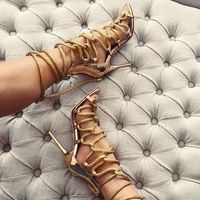 Sandales à talons hauts en PU à bout ouvert, couleur unie, tendance, talon fin, corde épaisse, podium, fête, sexy, lanières