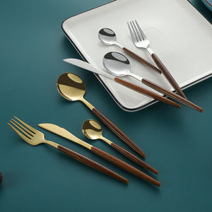 Japanese Style Stainless Steel Cutlery <b>Set</b> 16 Piece Gold Color Wood Grain Handle Durable Dining Utensils - Product Image 2