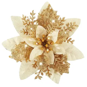 wholesale artificial golden plastic poinsettia flower gold glitter plastic flower for christmas tree