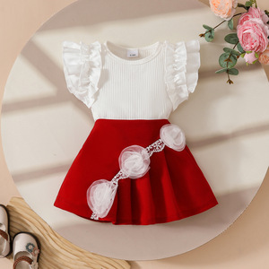 2025 Summer Solid White Cotton Top Pleated Skirt Set for Toddler Girls <strong>Handmade</strong> Casual Style Ruffled Sleeveless Sweet Flower - Product Image 1