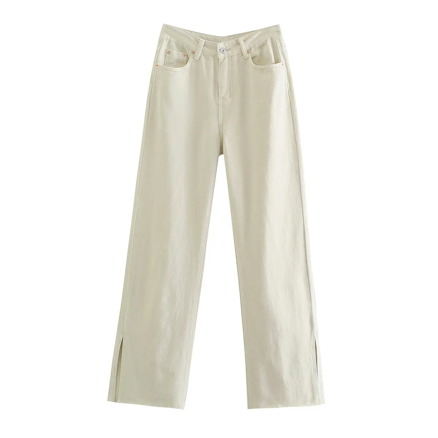 白いサイドポケットジッパーフライボトムスリットカジュアルファッションレディースデニムジーンズパンツ