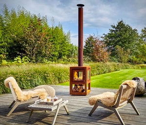 Foyer extérieur en bois avec cheminée en acier Corten, poêle écologique de jardin avec foyer en verre à 4 faces - Product Image 5