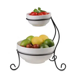 Top Seller 2 Tier Porcelain Chip And Dip Serving Bowls On Stand Ceramic Round Fruit Dish Sets For Party