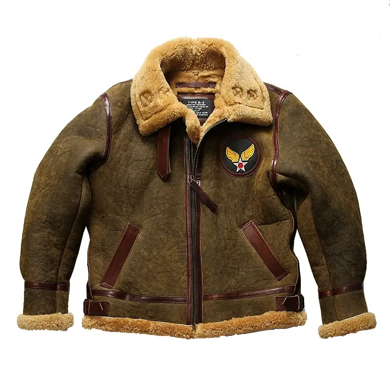 Abrigo cálido personalizado de invierno para hombre, chaqueta de vuelo de piel de oveja auténtica con alas, solapa, caballo