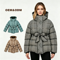 Veste courte matelassée en duvet à motif pied-de-poule pour femme, avec ceinture à nœud, élégante pour l'hiver, fabriquée sur mesure par JF1919