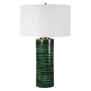 Lampe de table artisanale moderne en céramique émaillée marbrée vert émeraude |   Éclairage côtier audacieux pour les espaces d'hôtel et les salons - Product Image 2