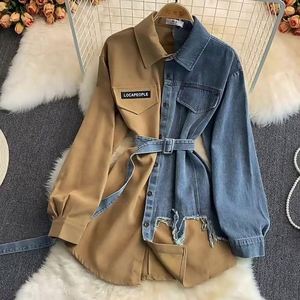 Vestido Camisero Vintage Casual de Mezclilla Tejida con Solapas y Empalmes, Estilo Coreano, Asimétrico, Holgado, Top Largo para Mujer, Diseño Frontal, Primavera, 2 Piezas - Product Image 1