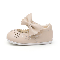 Nouvelles Ballerines Souples Beige Abricot pour Bébés Filles à Bout Rond Fermé, avec Motifs Floraux Découpés au Laser et Nœud Délicat, Idéales pour Cérémonies Familiales
