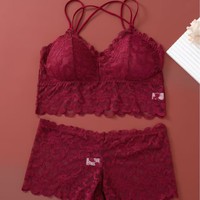 Set Bra Segitiga Gaya Prancis untuk Wanita, Seksi, Berenda, Tanpa Kawat, Punggung Terbuka, Tanpa Bingkai, Dua Potong, Pakaian Dalam Celana Dalam
