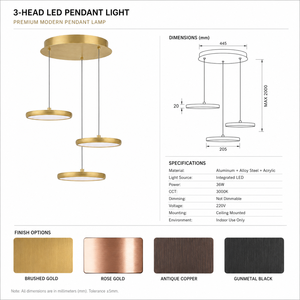 Luminaire suspendu LED moderne à 3 disques, lampe ronde superposée, luminaire de plafond en métal brossé pour salle à manger, villa, hôtel, OEM ODM - Product Image 5