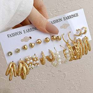 Ensemble de boucles d'oreilles Vintage géométriques en or pour femmes, boucles d'oreilles rondes en <span class=keywords><strong>perles</strong></span> pour femmes, Brincos tendance 2022, bijoux cadeaux féminins - Product Image 1