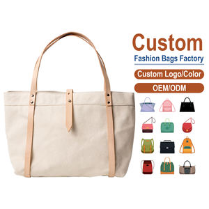 Sac fourre-tout en toile personnalisé avec bandoulière en cuir tanné végétal, sacs en cuir de créateur et sac de shopping pour femme - Product Image 1