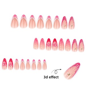 Faux ongles à presser 3D floraux de style français, courts, en forme d'amande, scintillants et pré-dessinés, prêts à poser - Product Image 2