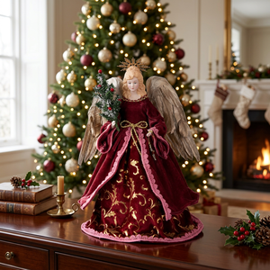 Figura de Ángel de Terciopelo Borgoña Vintage, Adornos Religiosos Pequeños para Árbol de Navidad, Muñeca Decorativa - Product Image 2