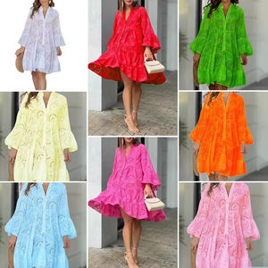 Vestido Holgado con Bordado Calado Estilo Europeo, Nuevo y en Oferta 2025, Vestidos Casuales para Mujer, Estampado Digital, Botones, Cintura Natural - Product Image 2