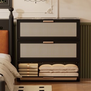 Modular Storage <b>Cabinet</b> 3 Compartments Black Rattan Door Living Room Bedroom Use - Product Image 4