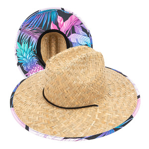 Commercio all'ingrosso di alta qualità Logo stampato personalizzato Designer di cappelli di paglia da spiaggia estiva bagnino Surf a prova di sole grande tesa cappello di paglia - Product Image 6