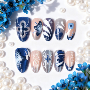 Lot de 30 faux ongles courts en amande bleus haut de gamme, populaires, avec fleurs 3D, <span class=keywords><strong>strass</strong></span> et <span class=keywords><strong>manucure</strong></span> française effet goutte d'eau - Product Image 2