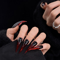 Faux ongles longs à presser, style stiletto, dégradé noir et rouge, brillants, effet galaxie, pointes d'ongles artificielles étoilées, couverture complète pour femmes
