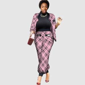 Женский осенний повседневный комплект из двух предметов с длинными рукавами и брюками в клетку «гусиная лапка» - Product Image 2