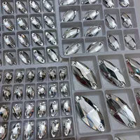 Strass à coudre Navette en verre cristal à dos plat, non thermocollants, 2 trous, dos argenté, vente en gros en vrac pour vêtements, mariages et projets DIY
