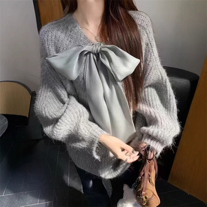 Women's Oversized Bow-Tie Ribbed Knit Sweater - Casual Sweet <b>Jumper</b> Fashion - Product Image 6
