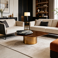 Table basse de luxe en pierre et bois avec plateau en acier laqué laiton, style italien moderne, minimaliste, élégant et peu encombrant pour villa