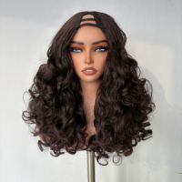 Perruque synthétique en V, brun foncé, bouclée, résistante à la chaleur, sans dentelle, demi-perruque, boucles naturelles et volumineuses, perruques en cheveux synthétiques